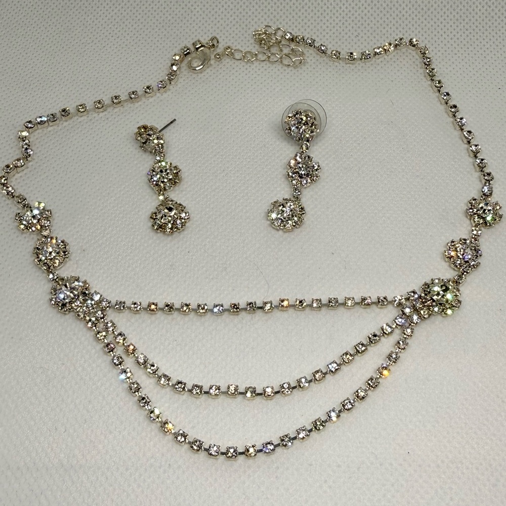 Crystal Pavé Three-Strand Necklace and Drop Earring Set - Silver